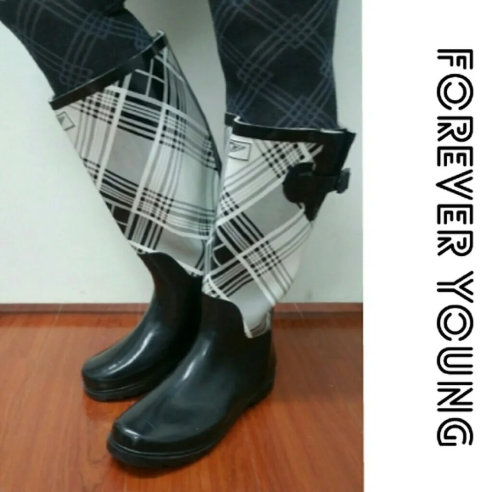 Women Tall Rain boots, #1418, Black White Plaid